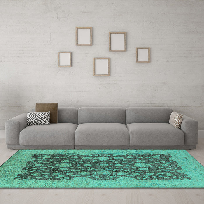 Machine Washable Oriental Turquoise Industrial Area Rugs in a Living Room,, wshurb932turq