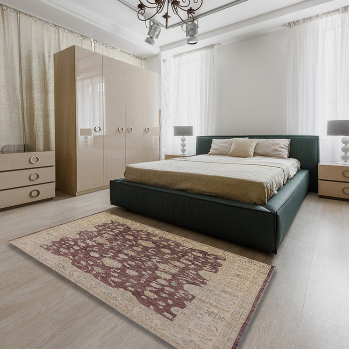 Mid-Century Modern Chestnut Brown Oriental Rug in a Bedroom, urb932