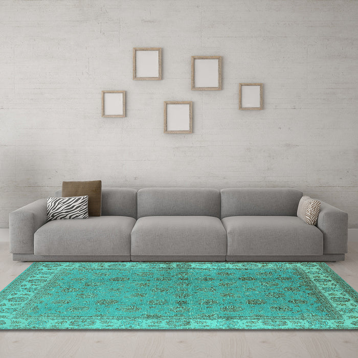 Machine Washable Oriental Turquoise Industrial Area Rugs in a Living Room,, wshurb934turq