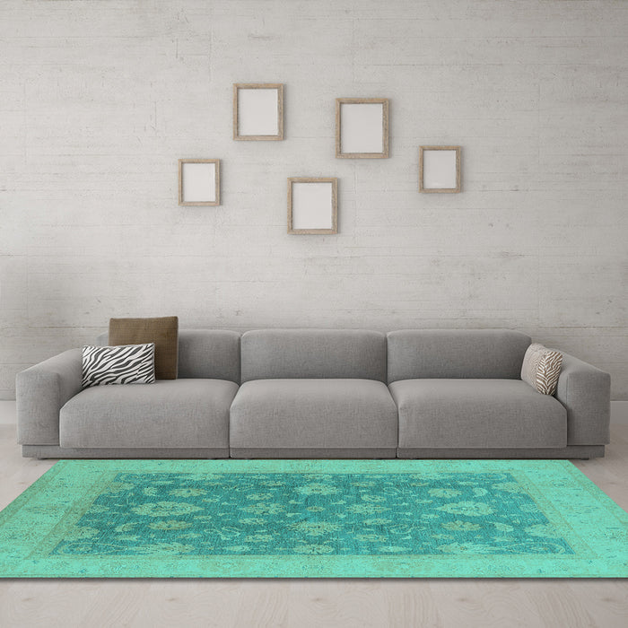Machine Washable Oriental Turquoise Industrial Area Rugs in a Living Room,, wshurb936turq
