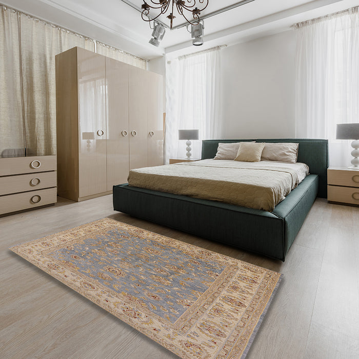 Mid-Century Modern Dark Almond Brown Oriental Rug in a Bedroom, urb937