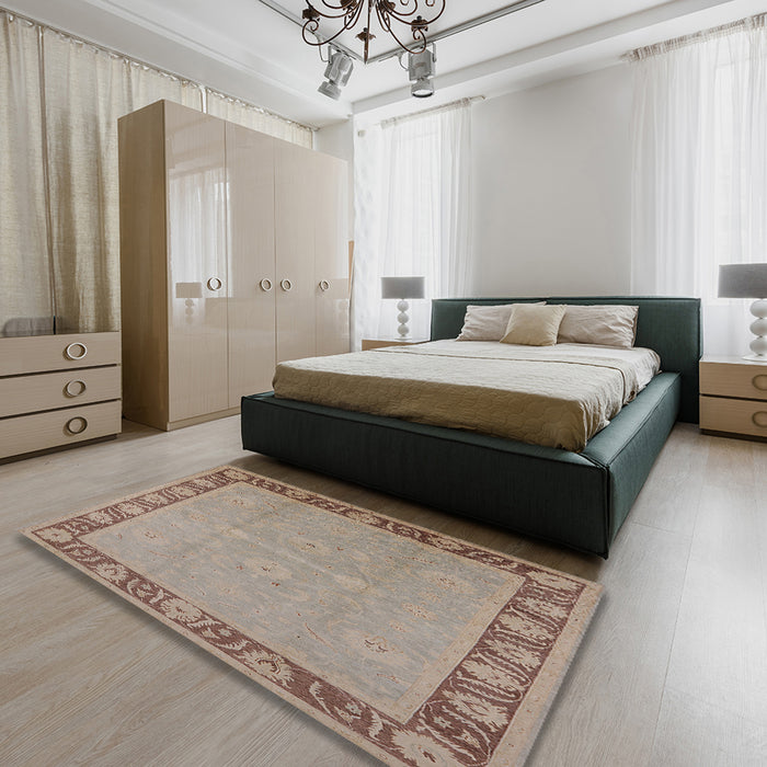 Mid-Century Modern Dark Almond Brown Oriental Rug in a Bedroom, urb938