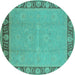 Round Machine Washable Oriental Turquoise Industrial Area Rugs, wshurb938turq