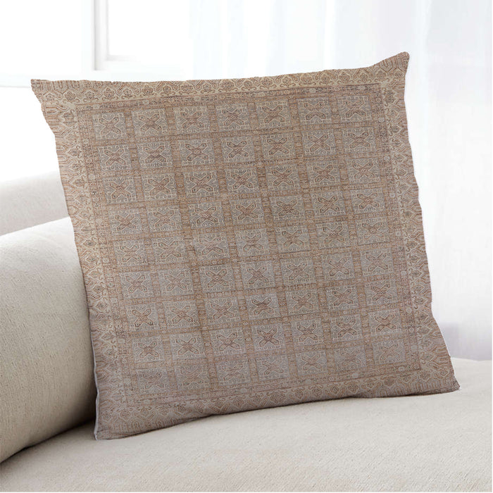 Lifestyle Image of Mid-Century Modern Urban Square Petra Gold Brown Throw Pillow, 18 inch by 18 inch, pwurb940