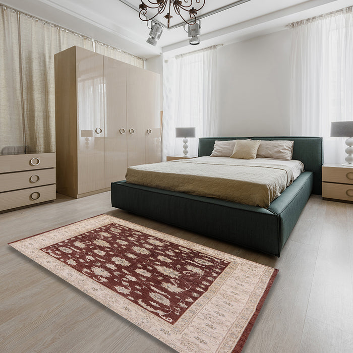 Mid-Century Modern Brown Oriental Rug in a Bedroom, urb941