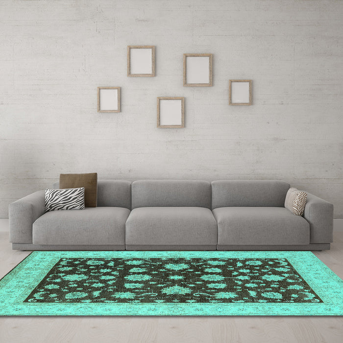 Machine Washable Oriental Turquoise Industrial Area Rugs in a Living Room,, wshurb941turq