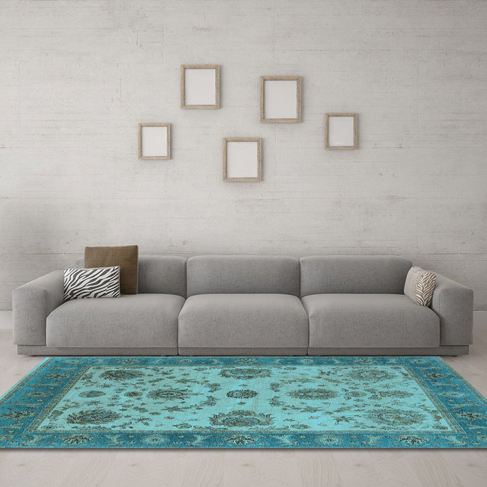 Machine Washable Oriental Light Blue Industrial Rug in a Living Room, wshurb942lblu