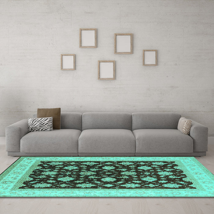 Machine Washable Oriental Turquoise Industrial Area Rugs in a Living Room,, wshurb943turq