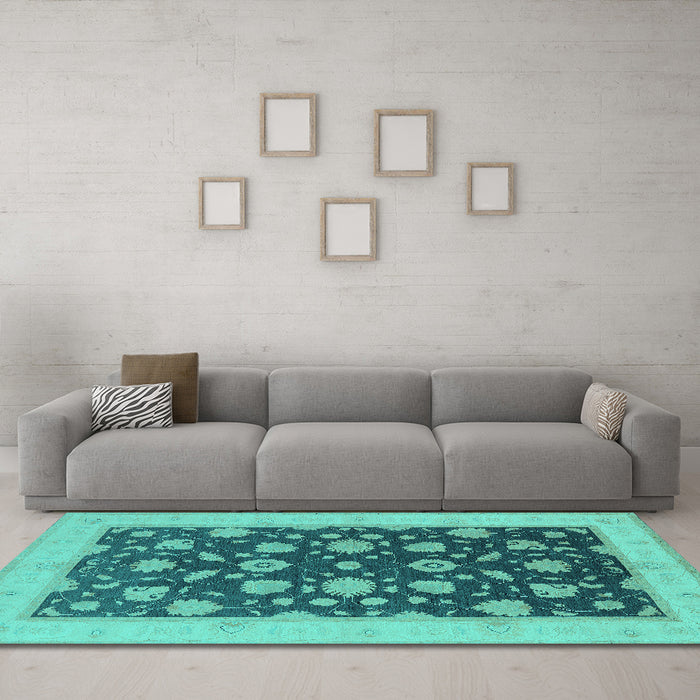 Machine Washable Oriental Turquoise Industrial Area Rugs in a Living Room,, wshurb947turq
