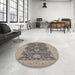 Round Mid-Century Modern Sandstone Brown Oriental Rug in a Office, urb949