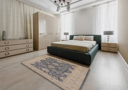 Mid-Century Modern Sandstone Brown Oriental Rug in a Bedroom, urb949