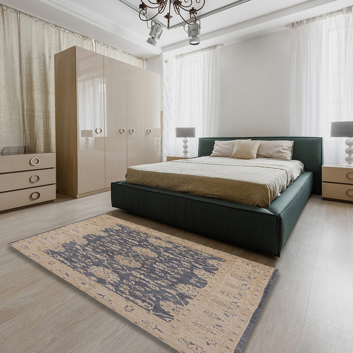 Mid-Century Modern Sandstone Brown Oriental Rug in a Bedroom, urb949