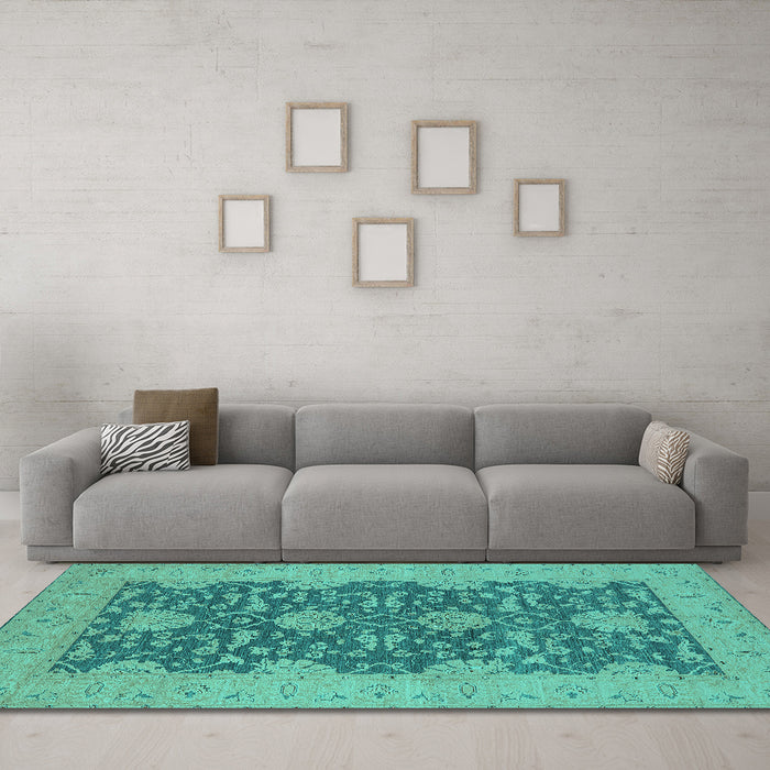 Machine Washable Oriental Turquoise Industrial Area Rugs in a Living Room,, wshurb949turq