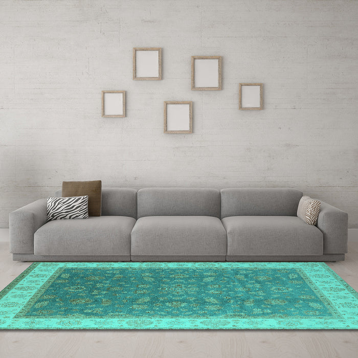 Machine Washable Oriental Turquoise Industrial Area Rugs in a Living Room,, wshurb951turq