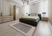 Mid-Century Modern Sandstone Brown Oriental Rug in a Bedroom, urb951