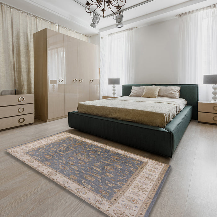 Mid-Century Modern Sandstone Brown Oriental Rug in a Bedroom, urb951
