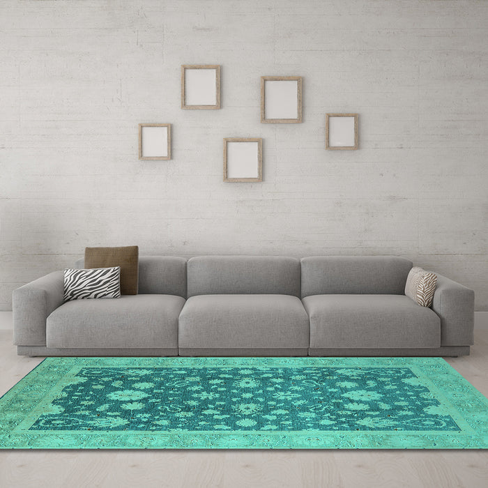 Machine Washable Oriental Turquoise Industrial Area Rugs in a Living Room,, wshurb952turq
