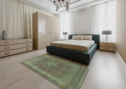 Mid-Century Modern Dark Olive Green Oriental Rug in a Bedroom, urb953