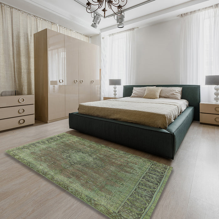 Mid-Century Modern Dark Olive Green Oriental Rug in a Bedroom, urb953