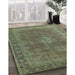 Mid-Century Modern Dark Olive Green Oriental Rug in Family Room, urb953