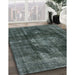 Mid-Century Modern Grayish Turquoise Green Oriental Rug in Family Room, urb955