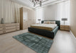 Mid-Century Modern Grayish Turquoise Green Oriental Rug in a Bedroom, urb955