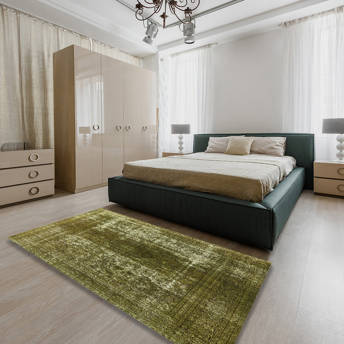 Mid-Century Modern Copper Green Oriental Rug in a Bedroom, urb959