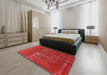 Mid-Century Modern Red Oriental Rug in a Bedroom, urb961