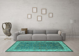 Machine Washable Oriental Turquoise Traditional Area Rugs in a Living Room,, wshurb963turq