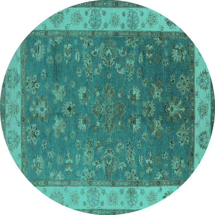 Round Machine Washable Oriental Turquoise Traditional Area Rugs, wshurb963turq