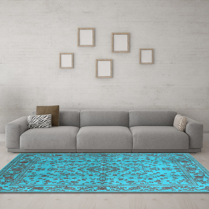Machine Washable Oriental Light Blue Industrial Rug in a Living Room, wshurb966lblu