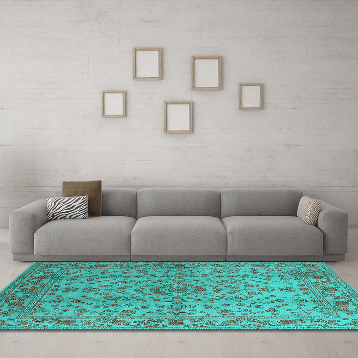 Machine Washable Oriental Turquoise Industrial Area Rugs in a Living Room,, wshurb966turq