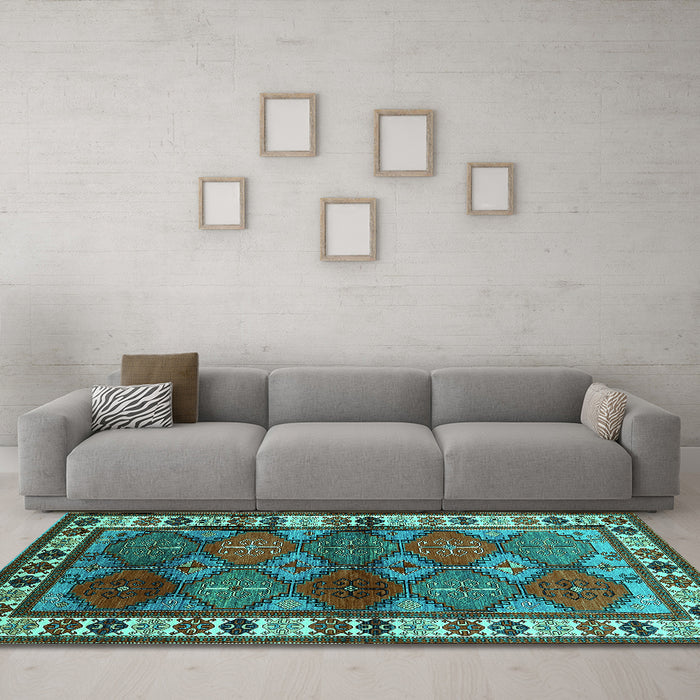 Machine Washable Oriental Turquoise Industrial Area Rugs in a Living Room,, wshurb969turq