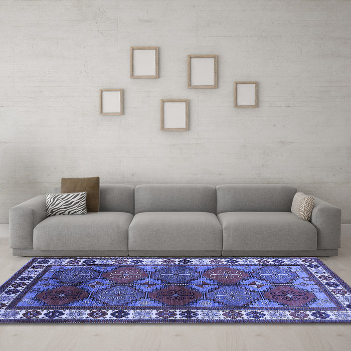 Machine Washable Oriental Blue Industrial Rug in a Living Room, wshurb969blu