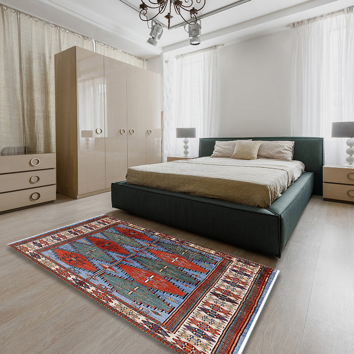 Mid-Century Modern Gunmetal Gray Oriental Rug in a Bedroom, urb969