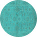 Round Machine Washable Oriental Turquoise Traditional Area Rugs, wshurb971turq