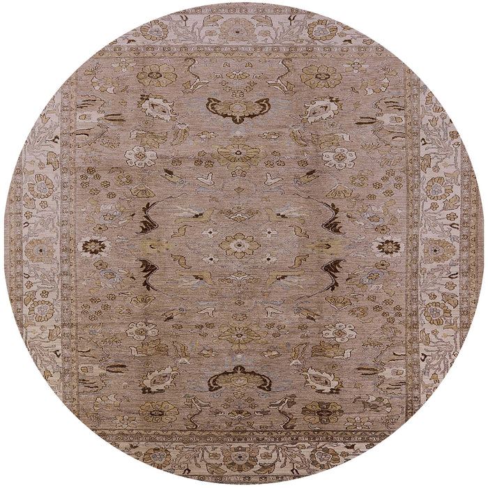 Round Mid-Century Modern Khaki Rose Pink Oriental Rug, urb975