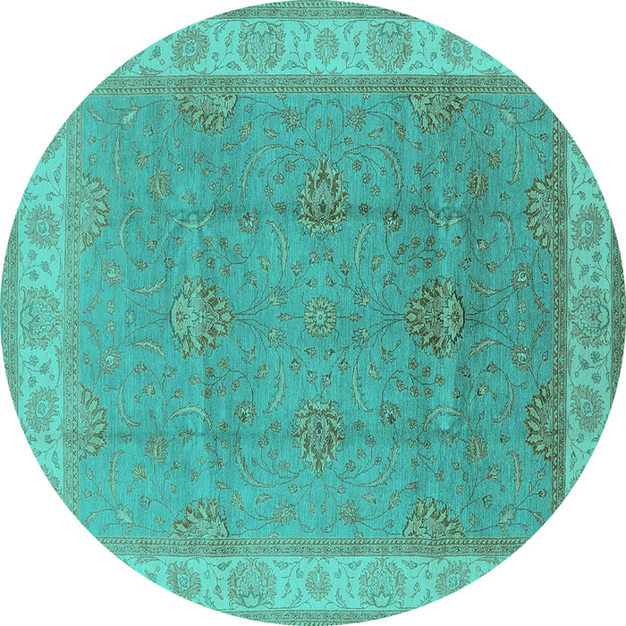 Round Machine Washable Oriental Turquoise Traditional Area Rugs, wshurb977turq