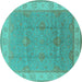 Round Machine Washable Oriental Turquoise Traditional Area Rugs, wshurb977turq