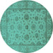 Round Machine Washable Oriental Turquoise Traditional Area Rugs, wshurb978turq