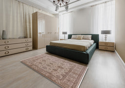 Mid-Century Modern Dark Almond Brown Oriental Rug in a Bedroom, urb978