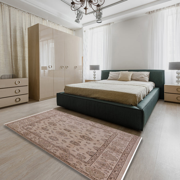 Mid-Century Modern Dark Almond Brown Oriental Rug in a Bedroom, urb978