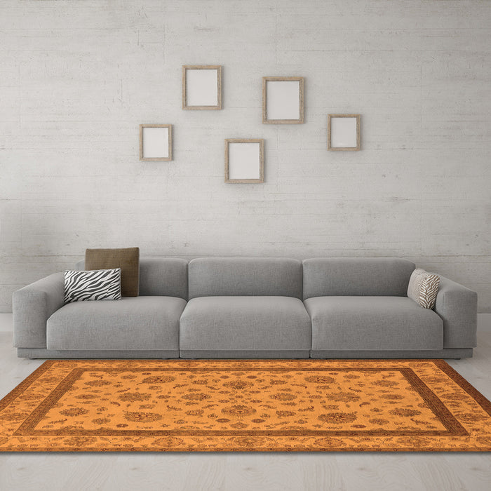 Machine Washable Oriental Orange Traditional Area Rugs in a Living Room, wshurb979org