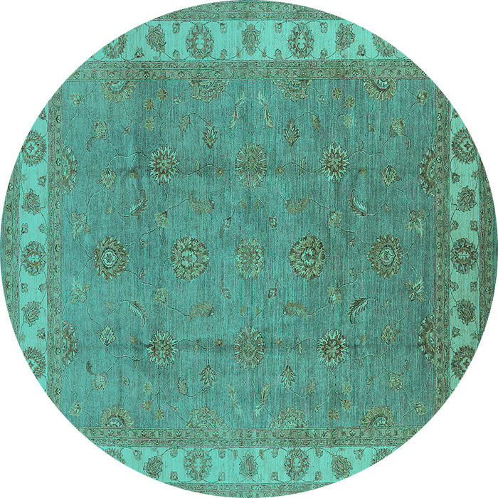 Round Machine Washable Oriental Turquoise Traditional Area Rugs, wshurb981turq