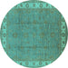 Round Machine Washable Oriental Turquoise Traditional Area Rugs, wshurb981turq