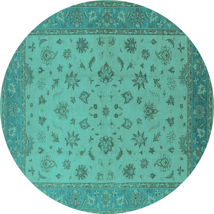 Round Machine Washable Oriental Turquoise Traditional Area Rugs, wshurb982turq