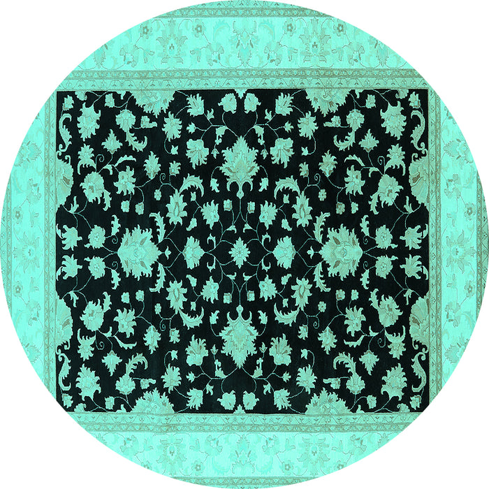 Round Machine Washable Oriental Turquoise Traditional Area Rugs, wshurb984turq
