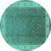 Round Machine Washable Oriental Turquoise Traditional Area Rugs, wshurb985turq