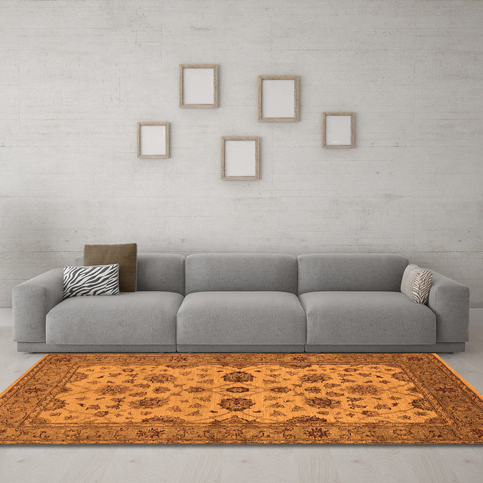 Machine Washable Oriental Orange Traditional Area Rugs in a Living Room, wshurb988org