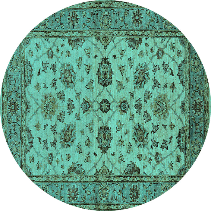 Round Machine Washable Oriental Turquoise Traditional Area Rugs, wshurb988turq